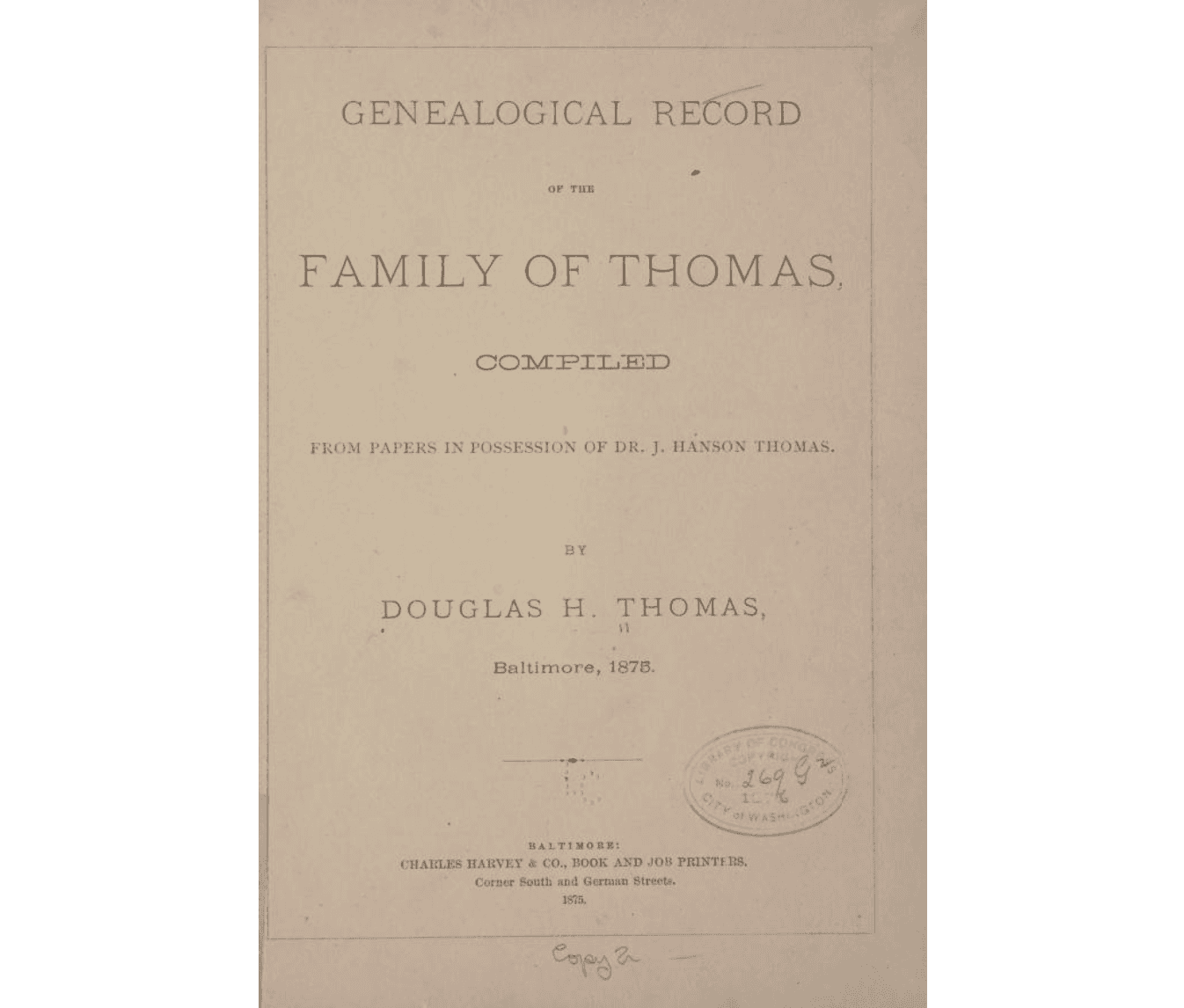 Title page from the Genealogical Record of the Family of Thomas, Baltimore, 1878.